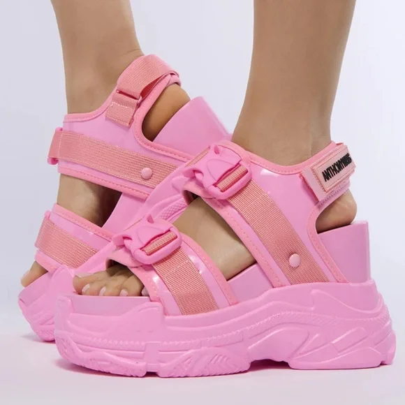 Anthony Wang pink platform wedge buckle sandals patent leather trim size 6.5 - Picture 3 of 13